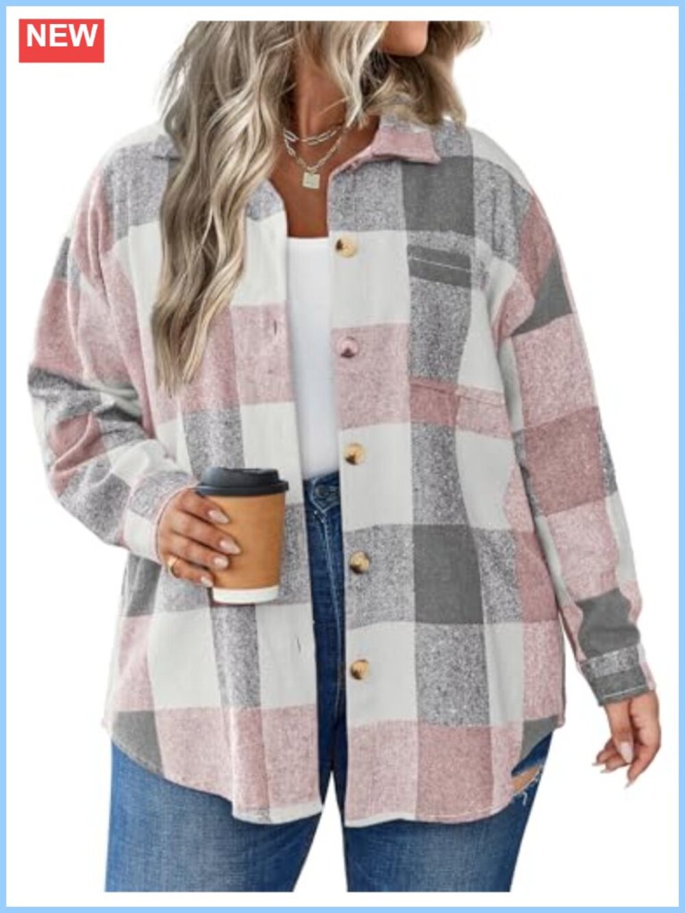 Plus Size Plaid Shacket Long Sleeve Casual Button Down Jacket Coat